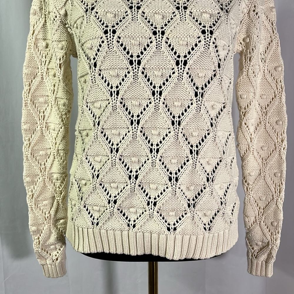 Tommy Hilfiger Cream Chunky Loose Pom Pom Knit Long Sleeve Cotton Sweater - Picture 7 of 16